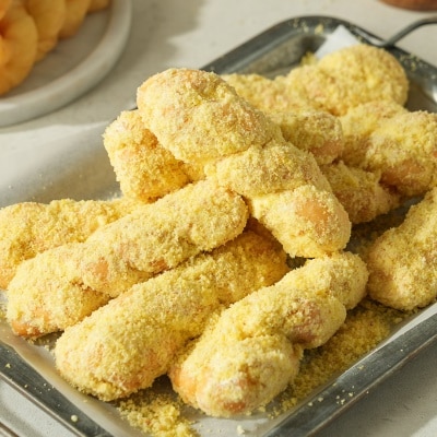 포슬포슬 카스테라 가루가 뿌려진 퐁신한 우리밀 카스테라 꽈배기